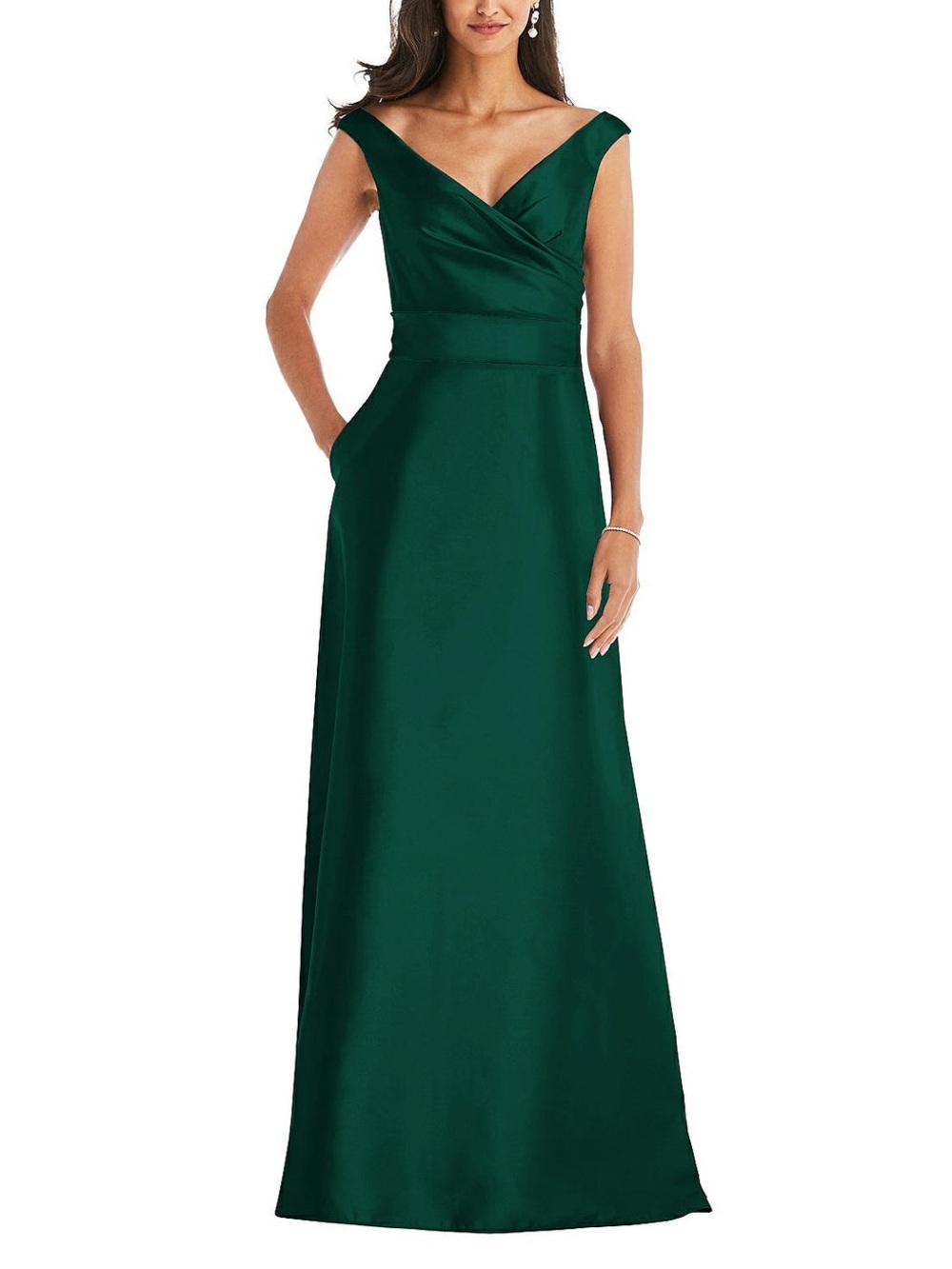 ALFRED SUNG Emerald Green Satin Off Shoulder Maxi Gown Dress Size 0 NWT